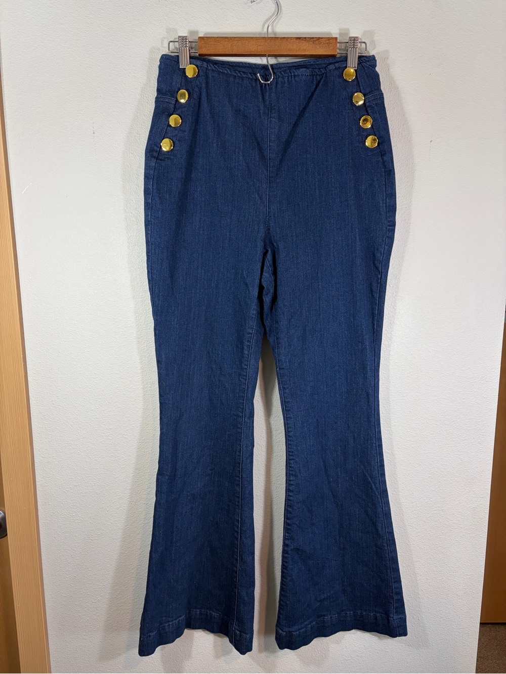 INC High-Waist Dark Blue Pull on Flared Jeans with Gold Buttons